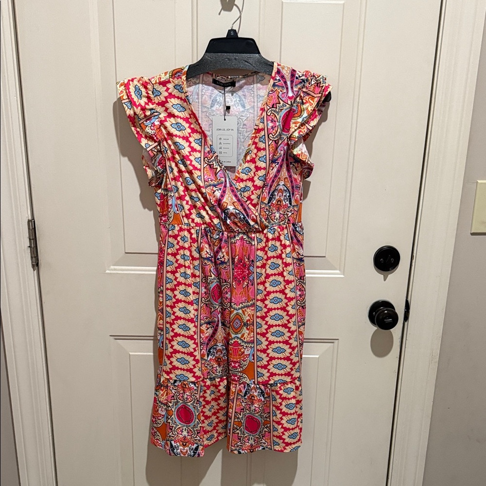 Vibrant Multicolor Midi Dress with Ruffle Sleeves